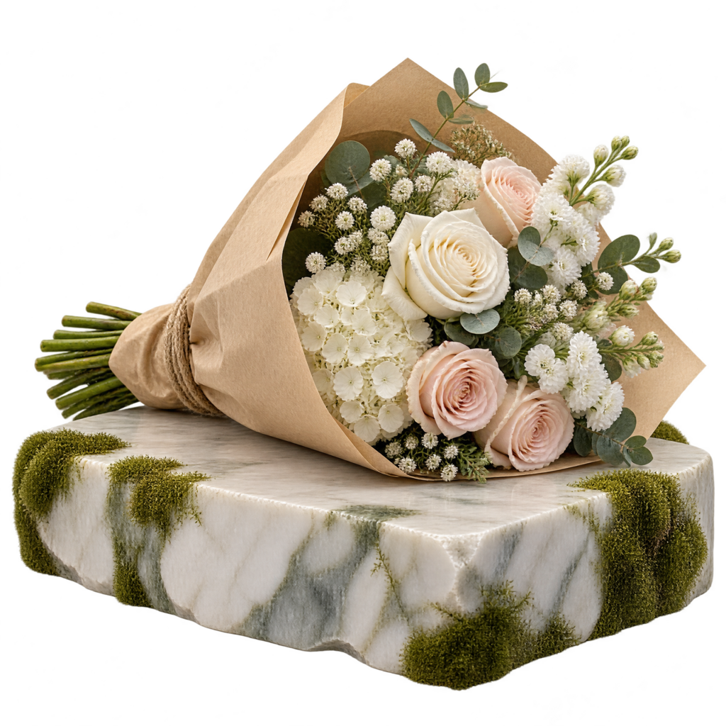 A wrapped bouquet resting on a marble slab