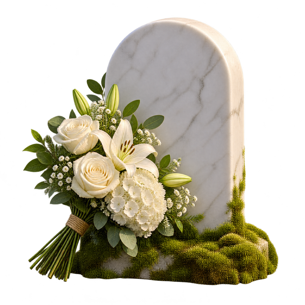 A white marble grave marker with a fresh bouquet leaning against it